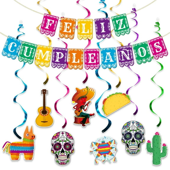 Mexican Fiesta Birthday Party Decoration Kit Pre-Assembled Banner Hanging Swirls Feliz Cumpleanos, 9 Piece