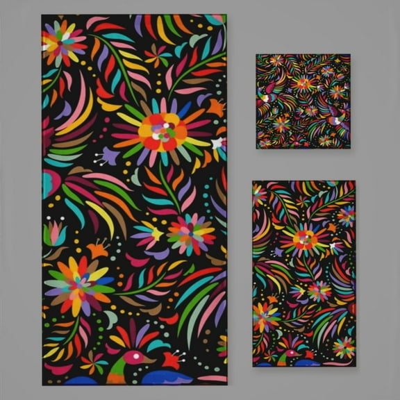 Mexican Black Pattern Bath Towel Sets For Bathroom Hand Towels Fingertip Towels 3 Piece Soft Absorbent For Bathroom Kitchen Hotel Beach