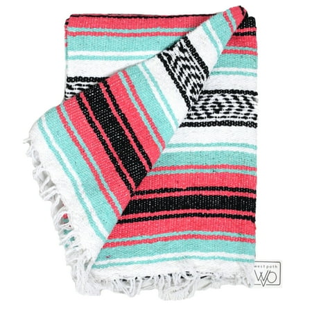 Mexican Blanket Mint Pink Black White Yoga Blanket | Falsa | Beach Blanket | Serape | Outdoor Blanket | Throw Blanket for Bed, Couch, Van, Picnic, or Travel