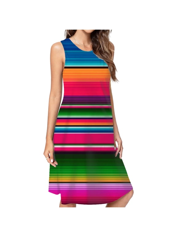 Mexican Blanket Striped Fiesta Serape Casual Sleeveless Loose Sundress Dress For Women Summer Dress Daily Woman