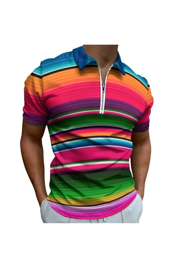 Mexican Blanket Striped Fiesta Serape Men Zipper T-shirt Summer Casual Short Sleeve T-shirt Top
