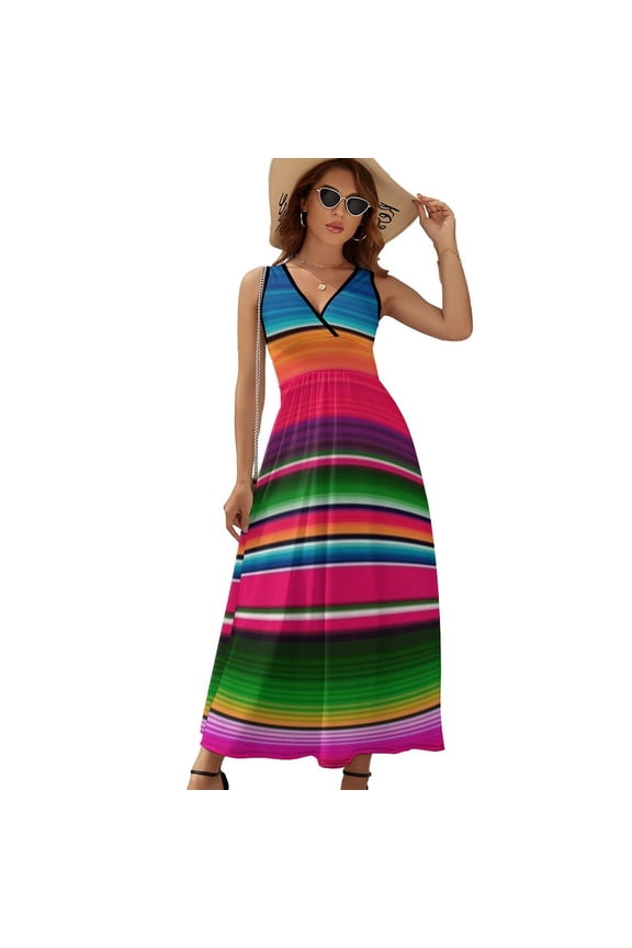 Mexican Blanket Striped Fiesta Serape Sleeveless Dress Dresses Women Summer Evening Dresses Ladies Bohemia Long Dresses