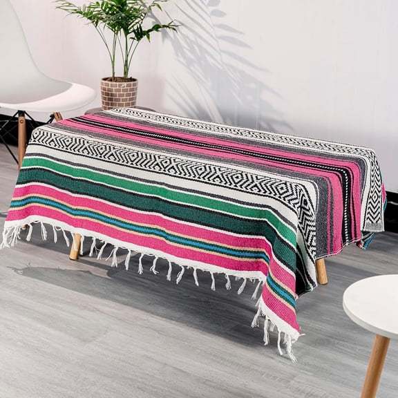 Mexican Blanket Throw with Tassels, 69 x 51 Inches Large Woven Serape Blanket, Boho Striped Picnic Yoga Beach Blanket, Soft Durable Tribal Falsa Blanket for Couch Outdoor Travel - Rose-Blue
