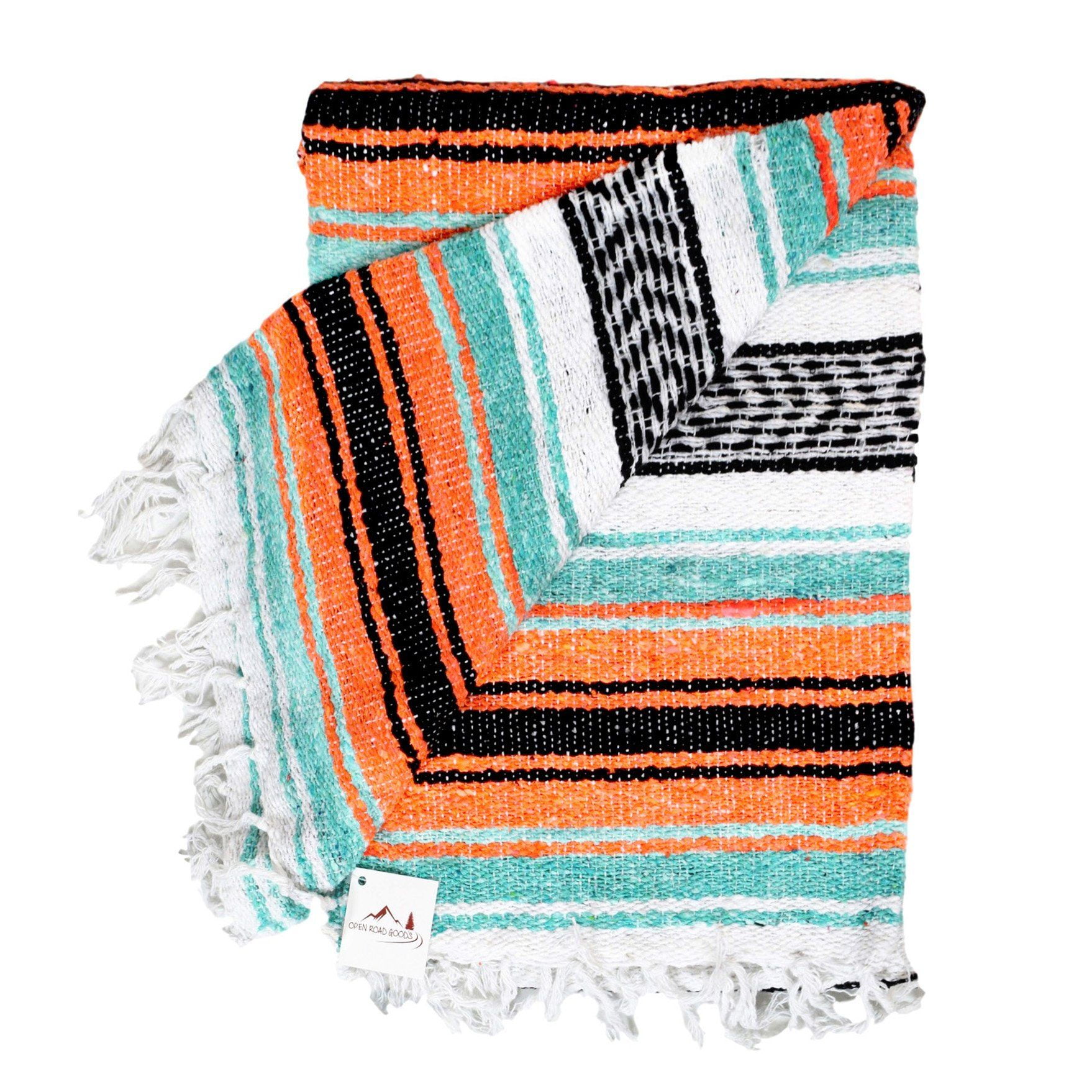 Mexican Blanket Yoga Blanket Orange Mint Black White  | Falsa | Beach Blanket | Serape | Outdoor Blanket | Throw Blanket for Bed, Couch, Van, Picnic, or Travel