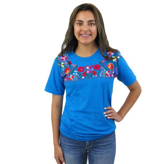 Mexican Blouse Style Hand Embroidered T Shirt (Aqua, Large)