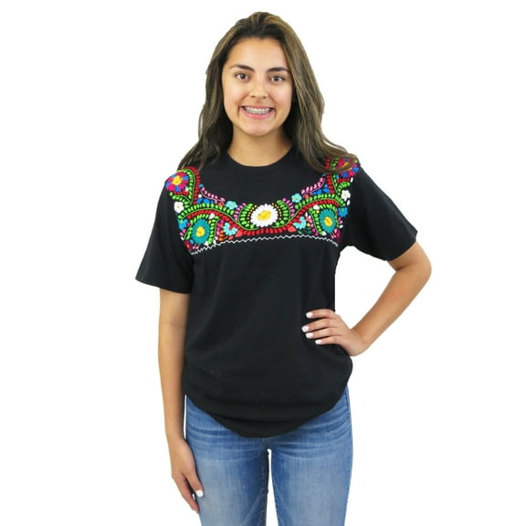 Mexican Blouse Style Hand Embroidered T Shirt (Black, Small)