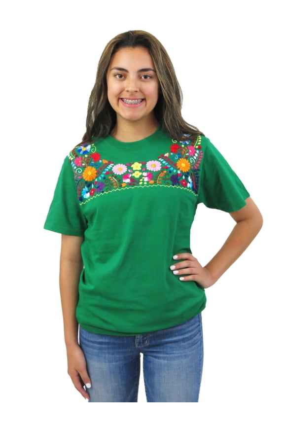 Mexican Blouse Style Hand Embroidered T Shirt (Green, Medium)