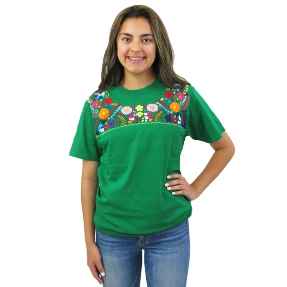 Mexican Blouse Style Hand Embroidered T Shirt (Green, Small)