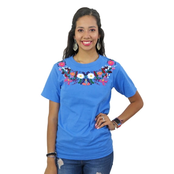 Mexican Blouse Style Hand Embroidered T Shirt (Light Blue, Medium)
