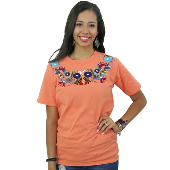 Mexican Blouse Style Hand Embroidered T Shirt (Peach, XL)