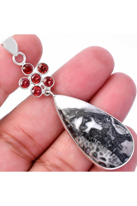 Mexican Cabbing Fossil & Garnet 925 Sterling Silver Pendant Jewelry P-1122 SDP145740