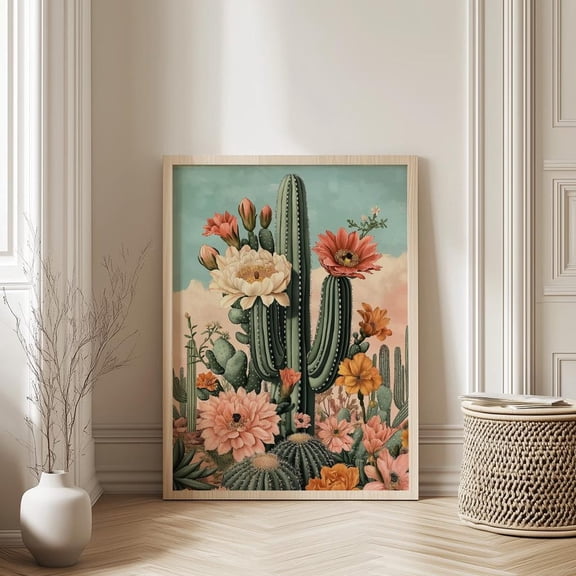 Mexican Cactus Art Print, Traditional Folk Mexican Cactus Poster, , Vintage Desert Cactus Art, Mexican Boho Home Decor ,Decor For Living Room Bedroom, 24x36 UNFRAMED