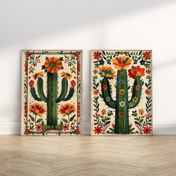 Mexican Cactus Prints Colourful Traditional Folk Mexican Cactus Vintage Vibrant Cactus Art Desert Flowers Set 2 Unframed Paper Print 20x30