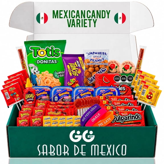 GG delight Mexican Candy Box Variety pack Authentic Dulces Mexicanos with Duvalin Salsaghetti Spicy Snacks Contains Dairy.