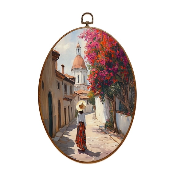 Mexican Canvas Wall Art Mexican Village Mexican Women Walking Street Colorful Traditional Oval Framed Canvas Prints Vintage Wall Hanging Decor for Home Decorations 8.6"x11.4"