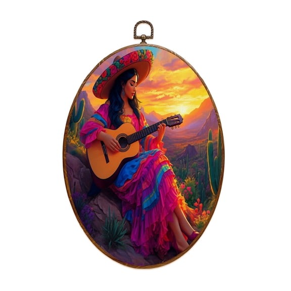 Mexican Canvas Wall Art Mexican Woman Playing Guitar Cactus Landscape Southwest Desert Oval Framed Canvas Prints Vintage Wall Hanging Decor for Home Decorations 8.6"x11.4"