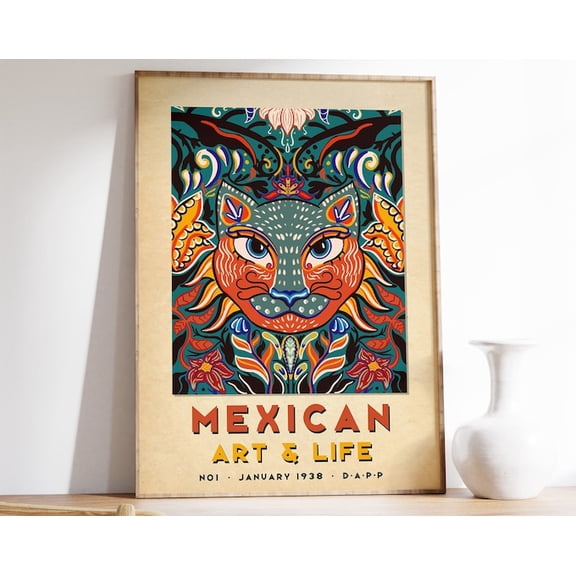 Mexican Cat Traditional Mexico Travel Wall Art Print, Unframed Paper Poster 8x10in