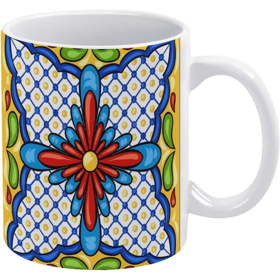 Mexican Ceramic Tile Ethnic Folk Ornament White Ceramic Cup, 11 Oz Tea Mug, Coffee Mug, Milk Mug, Juice Ceramic Cup for Home Offices Cafe Party Mom Father Daughter Son