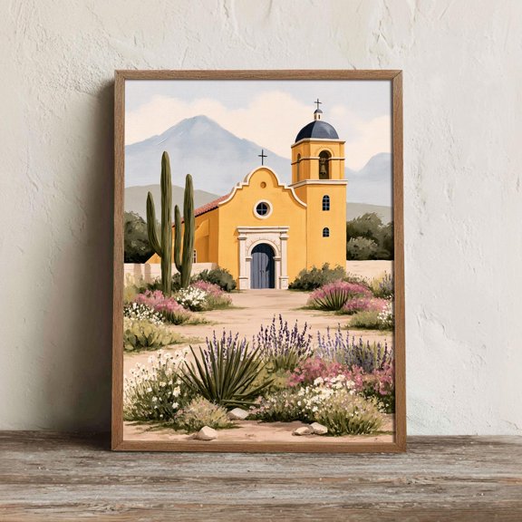 Mexican Church Wall Art Print, Desert Mission Cactus Decor