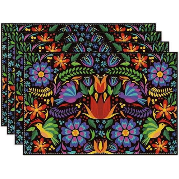 Mexican Cinco De Mayo Placemats for Dining Table, 12 x 18 Inch Floral Fiesta Dia De Los Muertos Decoration Washable Table Mats Set of 4