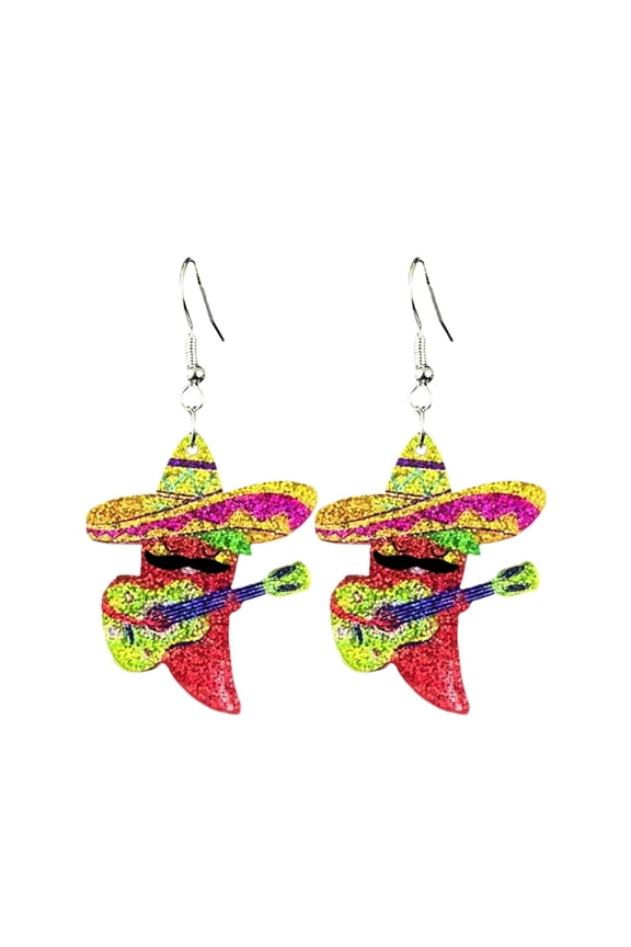Mexican Cinco de Mayo Ladies Glitter Pepper Cactus Earrings Fiesta Party Accessory
