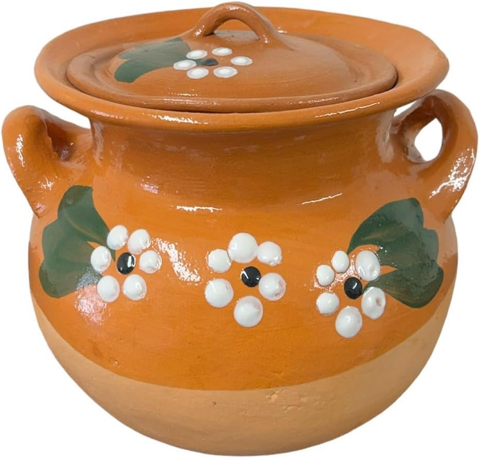 Mexican Clay Bean , Olla de Barro Frijolera W/Lid, Cazuela Traditional, (1-1.25 Gallon) (Olla Frijolera) (Made In Mexico), Large