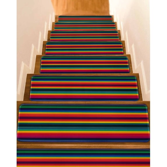 Mexican Colorful Stair Treads Non Slip for Steps Striped Modern Horizontal Stripes 4 Pcs Reusable Adhesive Stair Runner Mats for Dogs Elders Carpet Treads Rugs for Staircase 8x30 In