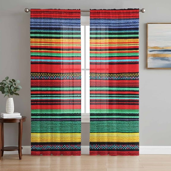 Mexican Colorful Stripes Chiffon Sheer Curtains 84 Inches Long, Rainbow Lines Ethnic Style 2 Rod Pocket Window Treatment Voile Drapes Curtains for Living Room Bedroom,2 Panels, 52x84In