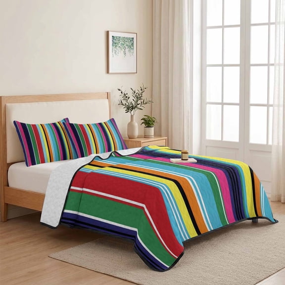 Mexican Colorful Stripes Line 3 Pieces Quilt Set,1 Quilt with 2 Shams,Abstract Modern Geometric Art Bedspread Soft Lightweight Bedding Coverlet Comforter Set for All Season 68"x98"