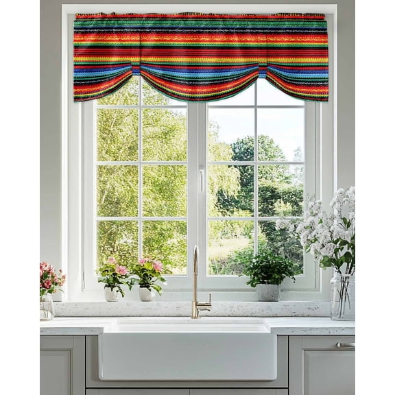 Mexican Colorful Tie Up Valances Curtain, Adjustable Kitchen Striped Horizontal Lines Geometric Texture Valances for Windows Decor, Rod Pocket Short Curtains Set for Bedroom/Bathroom, 42"x12"