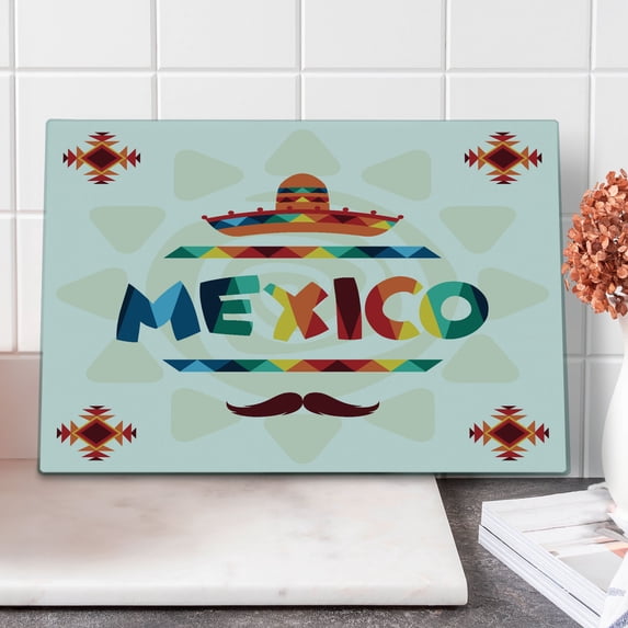 Mexican Cutting Board, Mexico Traditional Aztec Motifs and Sombrero Straw Hat and Moustache Graphic Print, Decorative Tempered Glass Cutting and Serving Board, Large Size, Multicolor, by Ambesonne