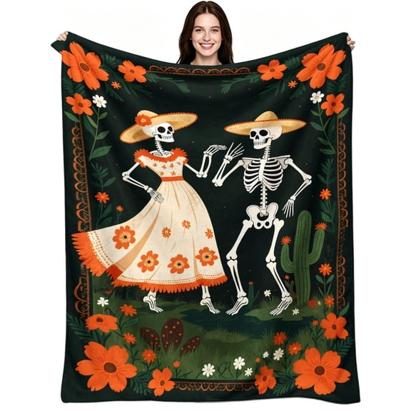 Mexican Day of the Dead Dancing, Soft Warm Flannel Fleece, Boho Festive Holiday, Throw Blanket, Cozy Warm, Home Decor, Couch Sofa Bed, Flower Lovers Gift