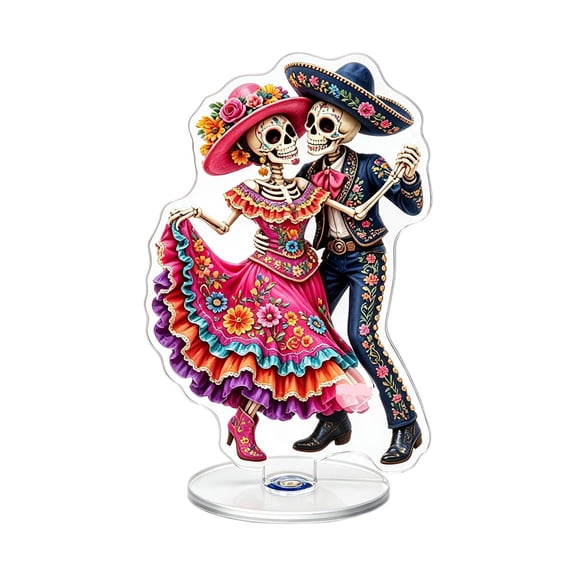 Mexican Day of the Dead Decor, Dia de los Muertos Acrylic Ornament, 360 Degree Rotating Sugar Skull Couple Dancing Figurine with Stable Base, Calavera Centerpiece for Altar Home Office Tabletop Gift