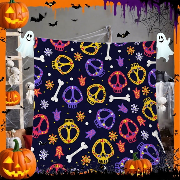 Mexican Day of the Dead Throw Blanket - Gothic Floral Skull & Sugar Skull Design in Purple, Pink, Blue, Orange, Yellow, Machine Washable Fleece Bedspread for Halloween, Día de los Muertos Party Decor