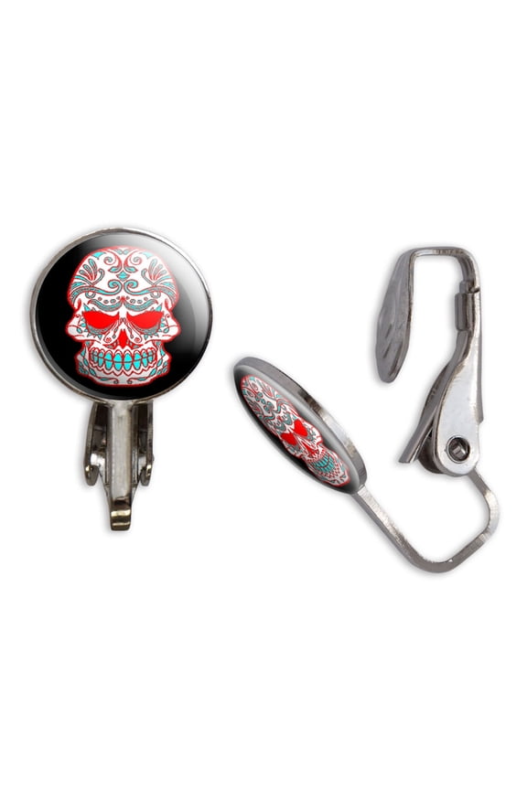 Mexican Day of the Dead Skull Clip-On Stud Earrings