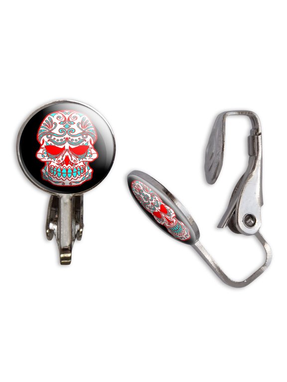Mexican Day of the Dead Skull Clip-On Stud Earrings