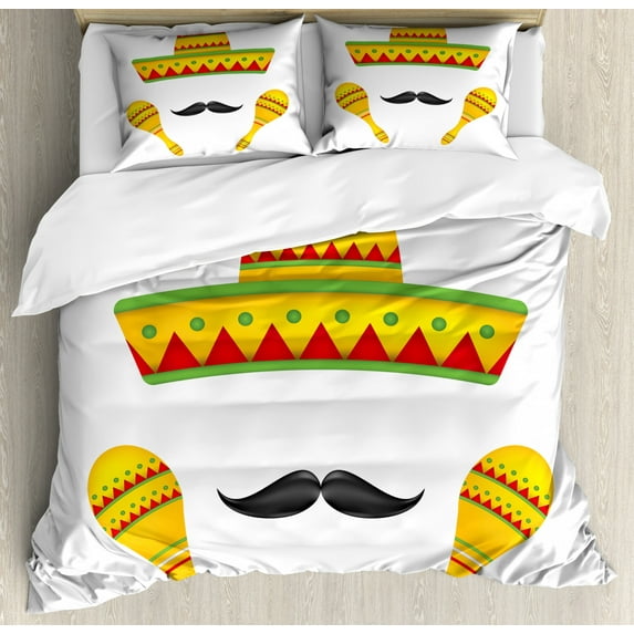 Mexican Decorations Queen Size Duvet Cover Set, Famous Centerpiece Icons Sombrero Moustache Rumba Shaker Mesoamerican Image, Decorative 3 Piece Bedding Set with 2 Pillow Shams, Yellow, by Ambesonne