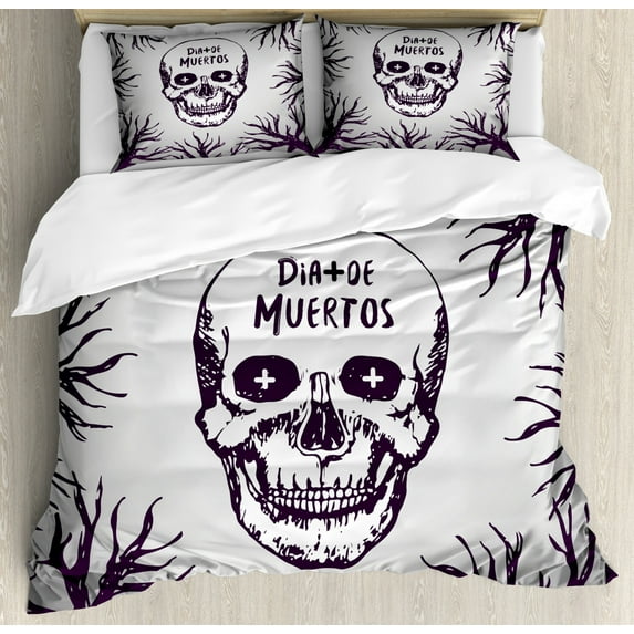 Mexican Decorations Queen Size Duvet Cover Set, Quote with Spooky Skull Head among Tree Branches Calaveral Carnival Graphic, Decorative 3 Piece Bedding Set with 2 Pillow Shams, Purple, by Ambesonne