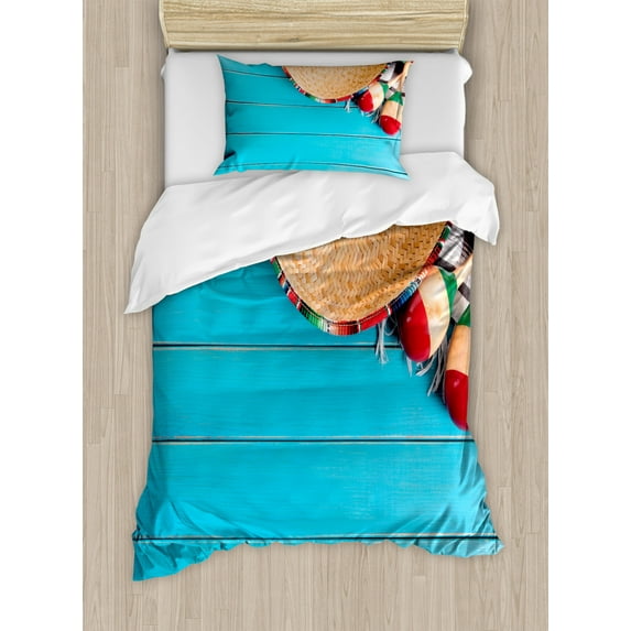 Mexican Decorations Twin Size Duvet Cover Set, Native Latin Elements with Sombrero and Maracas on Wood Background, Decorative 2 Piece Bedding Set with 1 Pillow Sham, Blue Cream, by Ambesonne