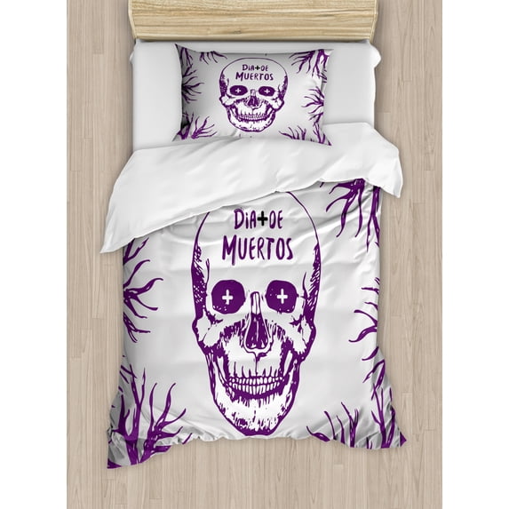 Mexican Decorations Twin Size Duvet Cover Set, Quote with Spooky Skull Head among Tree Branches Calaveral Carnival Graphic, Decorative 2 Piece Bedding Set with 1 Pillow Sham, Purple, by Ambesonne