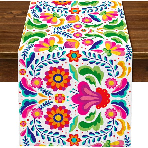 Mexican Dia De Los Muertos Table Runner for Fiesta Dia De Los Muertos Rustic Linen Home Dining Room Kitchen Table Decorations (13" x 72", White)