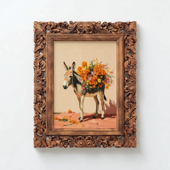 Mexican Donkey Burro with Flowers Folk Animal Art Cultural Rustic Decor Unframed Paper Print