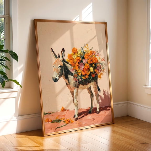 Mexican Donkey Poster Burro Flowers Folk Art Rustic Animal Wall Art, Unframed Canvas