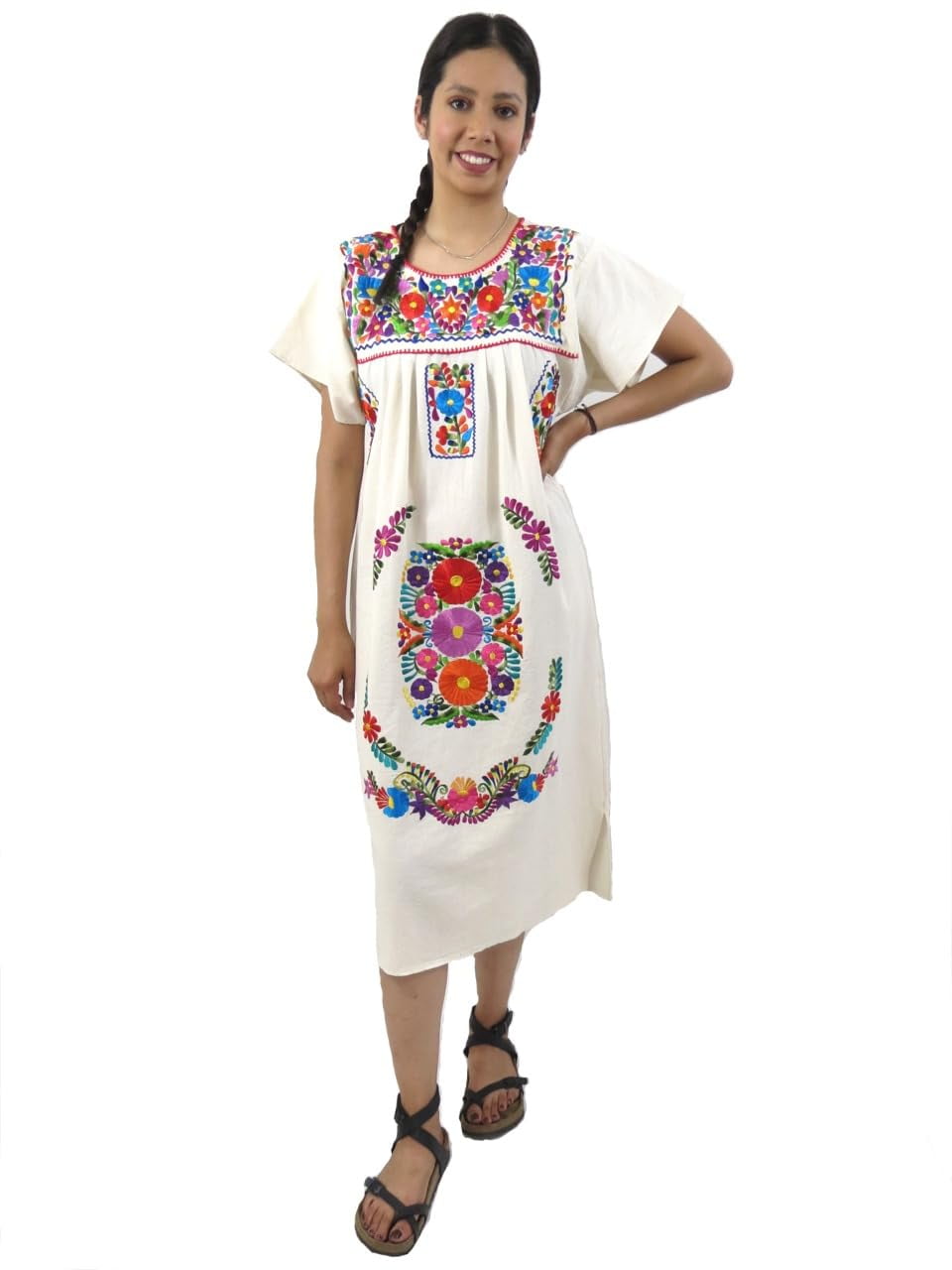 beige mexican dress Adelayda Embroidered Mexican Dress- Vestido Mexicano Bordado Floral