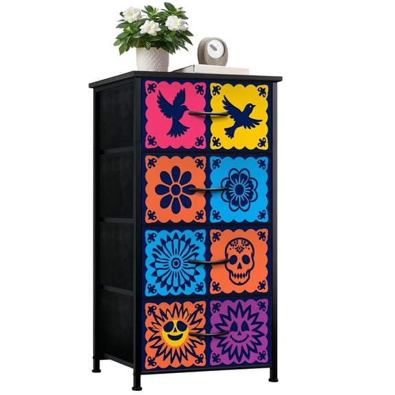 Mexican Dresser for Bedroom with 4 Storage Drawers Colorful Day Dead Skull Floral Patterns Dressers Chest of Drawers Steel Framed Fabric Closet Organizers for Dorm Entryway