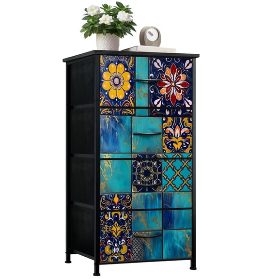 Mexican Dresser for Bedroom with 4 Storage Drawers Colorful Moroccan Ceramic Tile Floral Motifs Turquoise Dressers Chest of Drawers Steel Framed Fabric Closet Organizers for Dorm Entryway