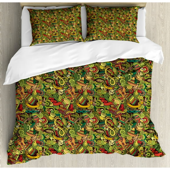 Mexican Duvet Cover Set King Size, Cartoon Hand Drawn Style Doodles Latin American Style Colorful Culture Elements, Decorative 3 Piece Bedding Set with 2 Pillow Shams, Multicolor, by Ambesonne