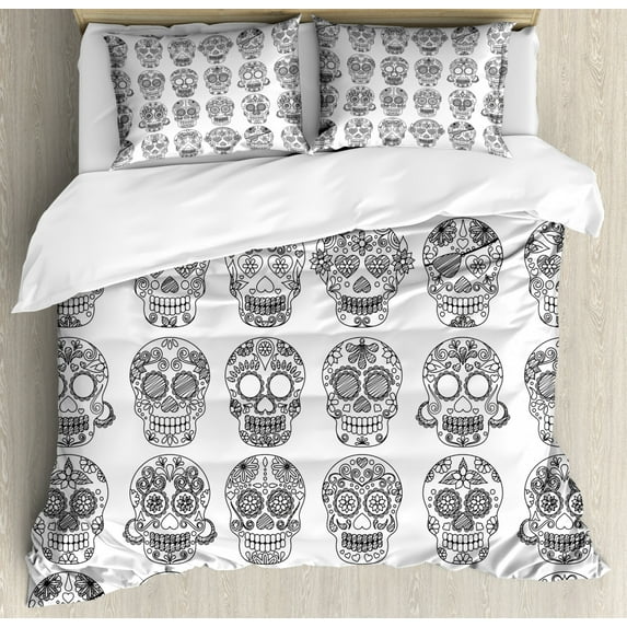 Mexican Duvet Cover Set King Size, Latin American Day of the Dead Skull Designs with Floral Inspirations Celebration, Decorative 3 Piece Bedding Set with 2 Pillow Shams, Black White, by Ambesonne