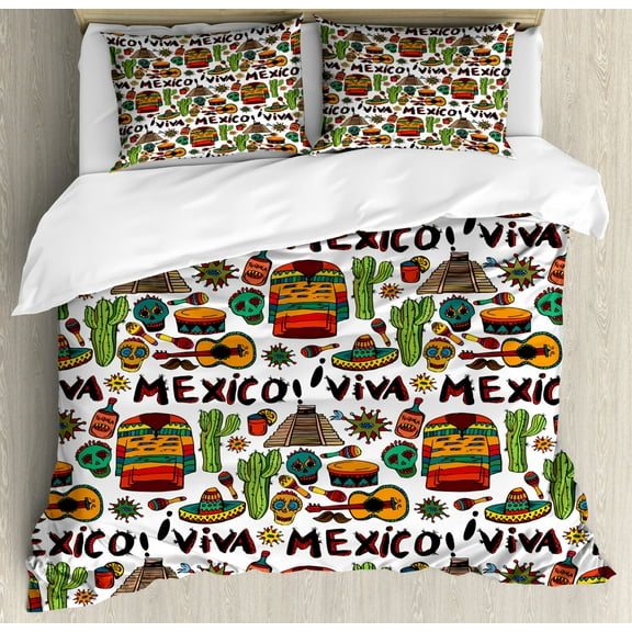 Mexican Duvet Cover Set King Size, Viva Mexico with Native Elements Poncho Tequila with Salsa and Hot Peppers Image, Decorative 3 Piece Bedding Set with 2 Pillow Shams, Multicolor, by Ambesonne