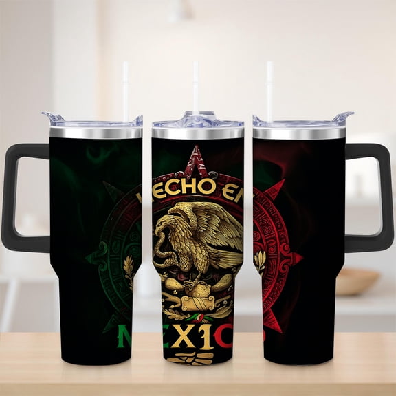 Mexican Eagle Emblem Stainless Steel Insulated Mug with Lid and Handle, 30oz